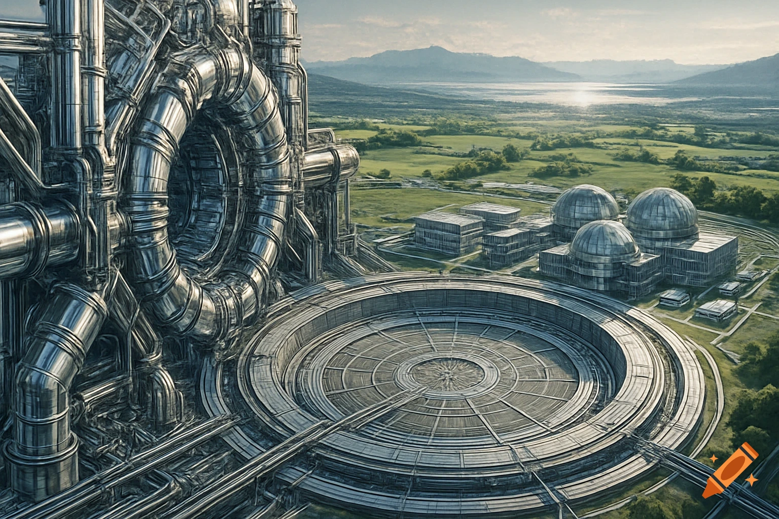 An aerial view of a futuristic industrial complex with massive metal pipes and domes in a green valley by a lake.