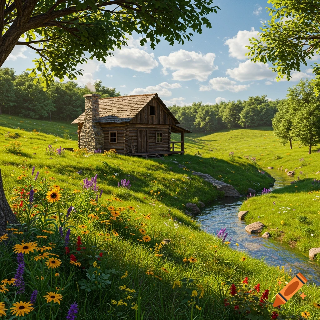 A photorealistic log cabin with a stone chimney sits on a sunny green hillside beside a winding stream and vibrant wildflowers.