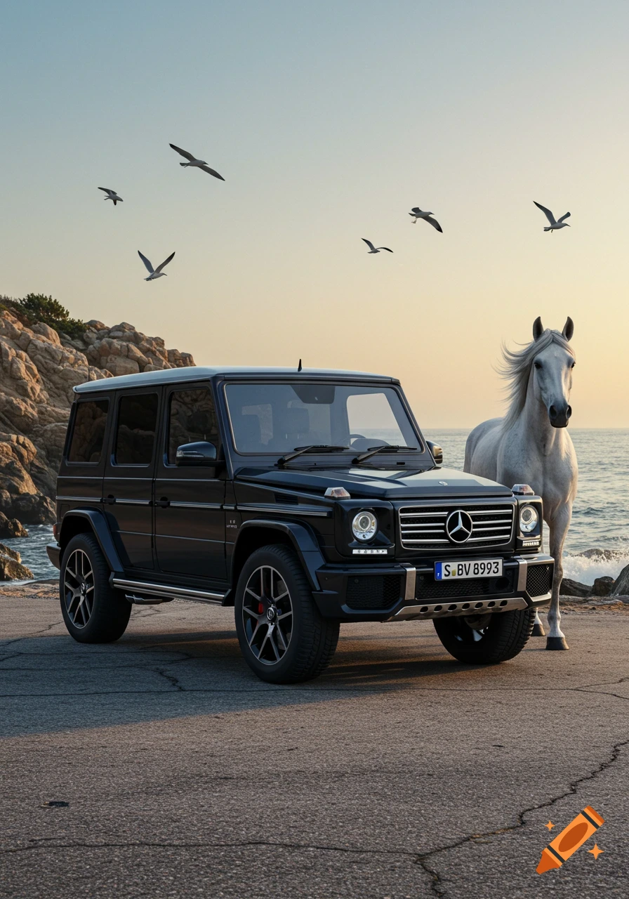 A black Mercedes G-Class SUV parked on a road by the sea, with a white horse standing beside it, under a clear sky.