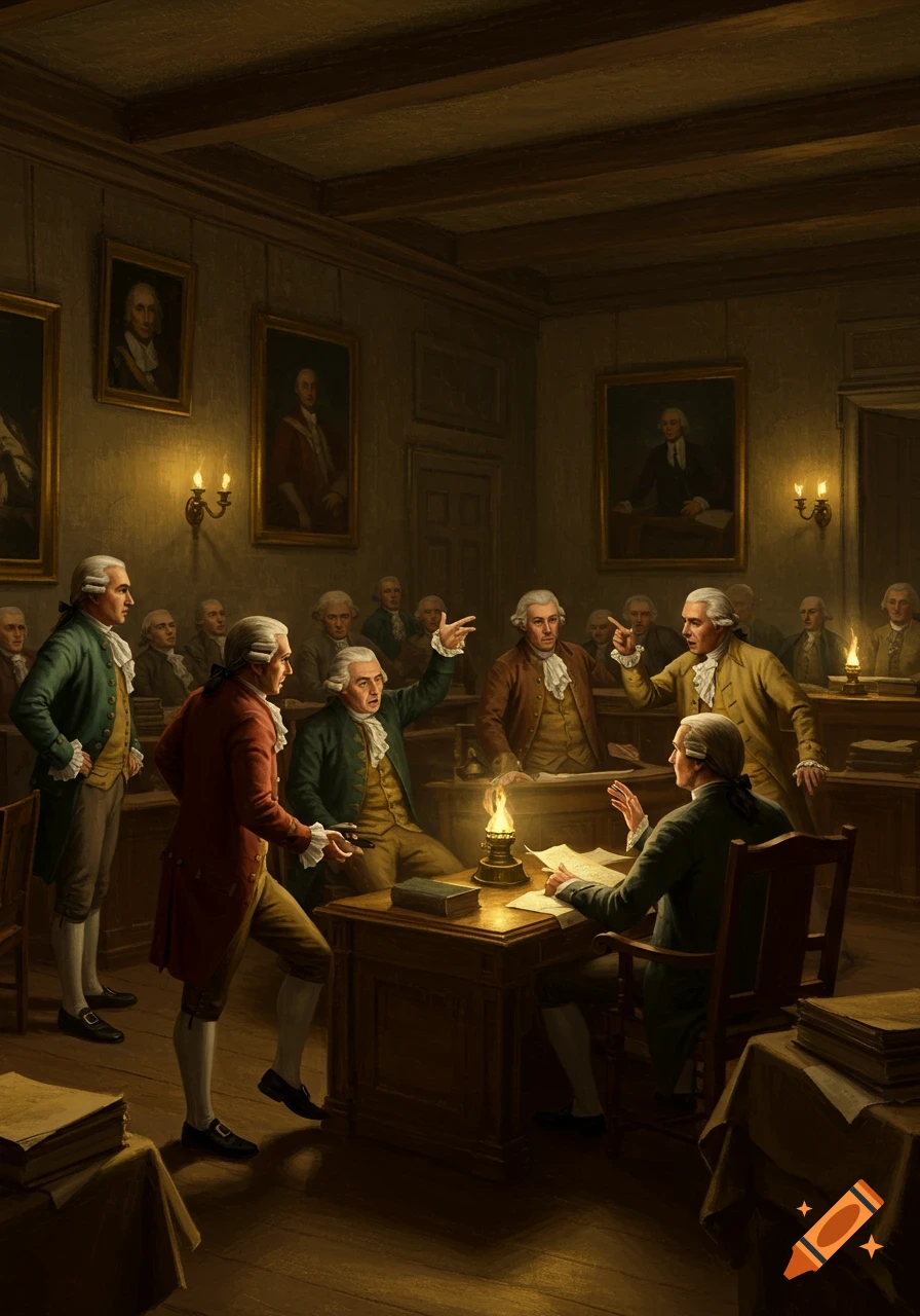 Men in 18th-century attire debate around a lamp-lit table in a dim, wood-paneled room with portraits.
