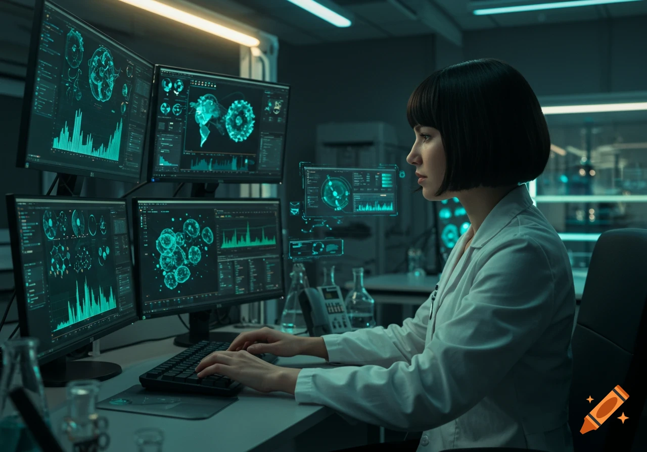 A woman with a bob haircut in a lab coat works at a multi-monitor computer setup in a futuristic lab, displaying medical data and holographic interfaces.