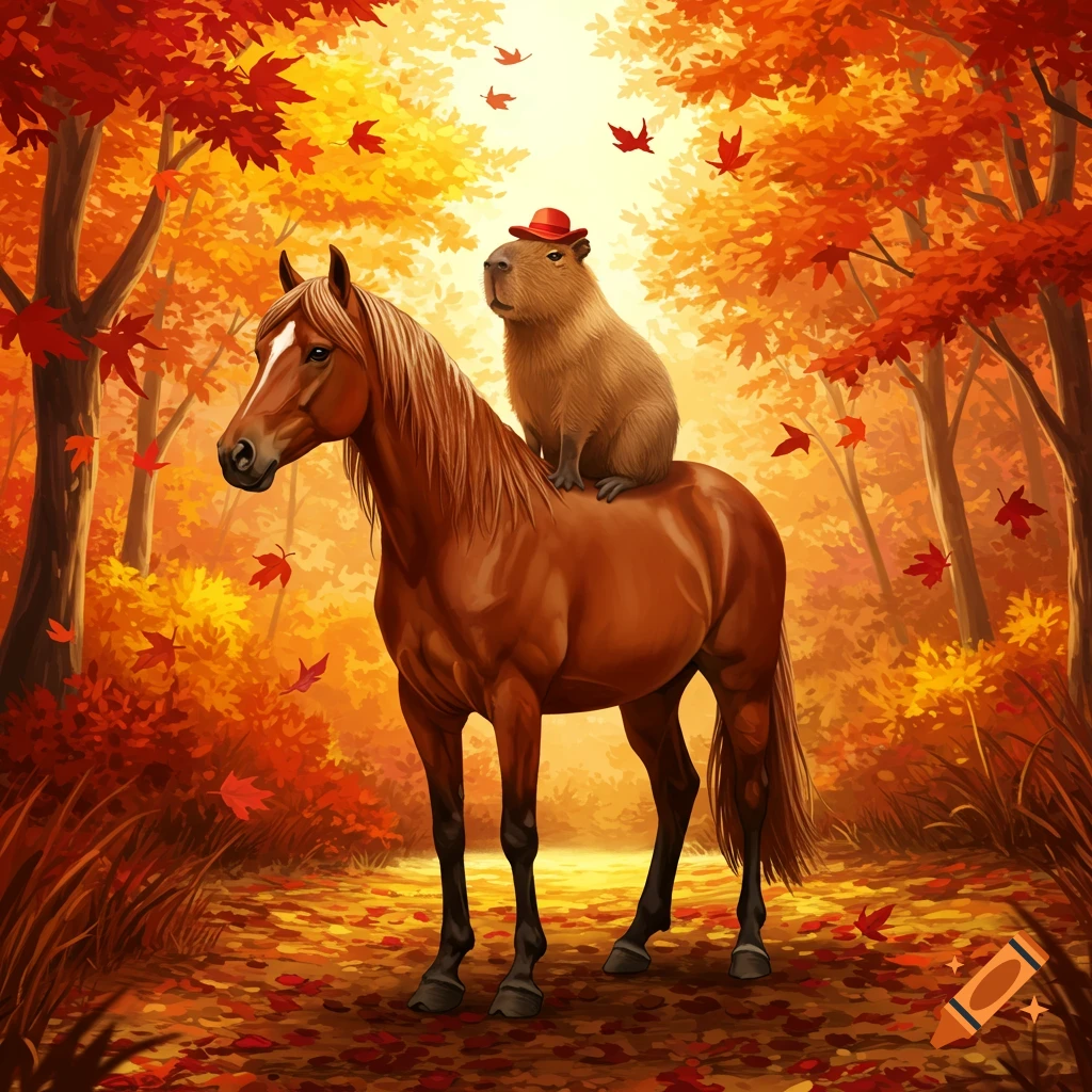 An illustration of a capybara in a red hat riding a brown horse through an autumn forest with falling red leaves.