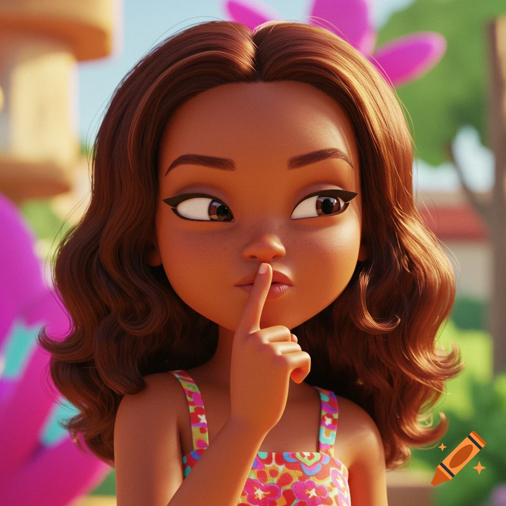 3D animated cartoon girl with brown hair making a 'shhh' gesture, wearing a colorful top.