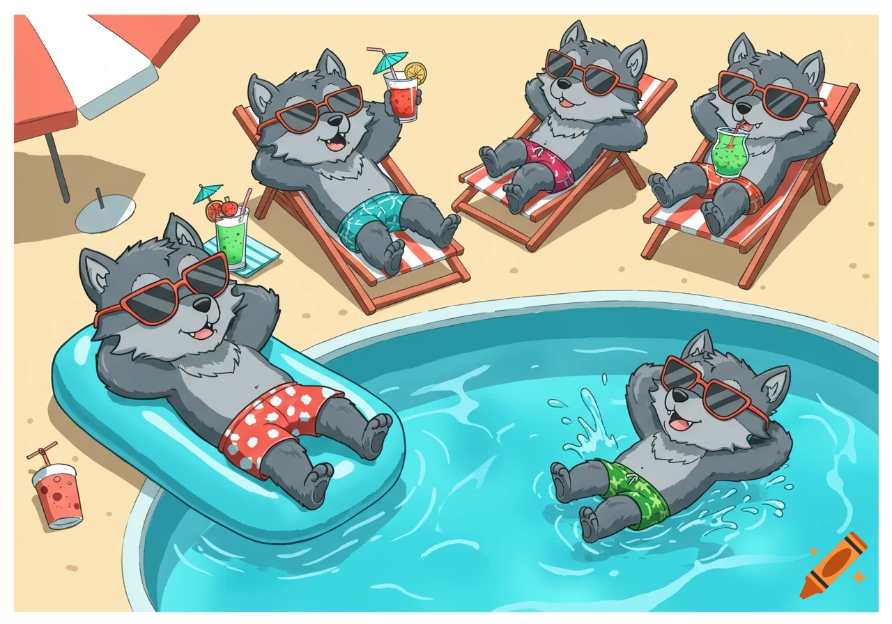 Five cute cartoon werewolves in sunglasses and swim trunks relaxing by a pool, some on lounge chairs, some in the water.