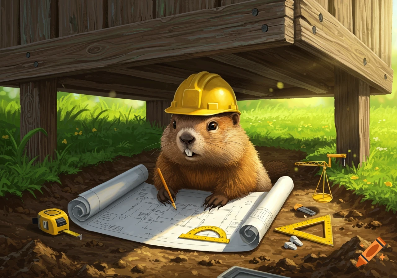A whimsical cartoon groundhog wearing a yellow hard hat draws blueprints under a wooden shed, surrounded by construction tools.