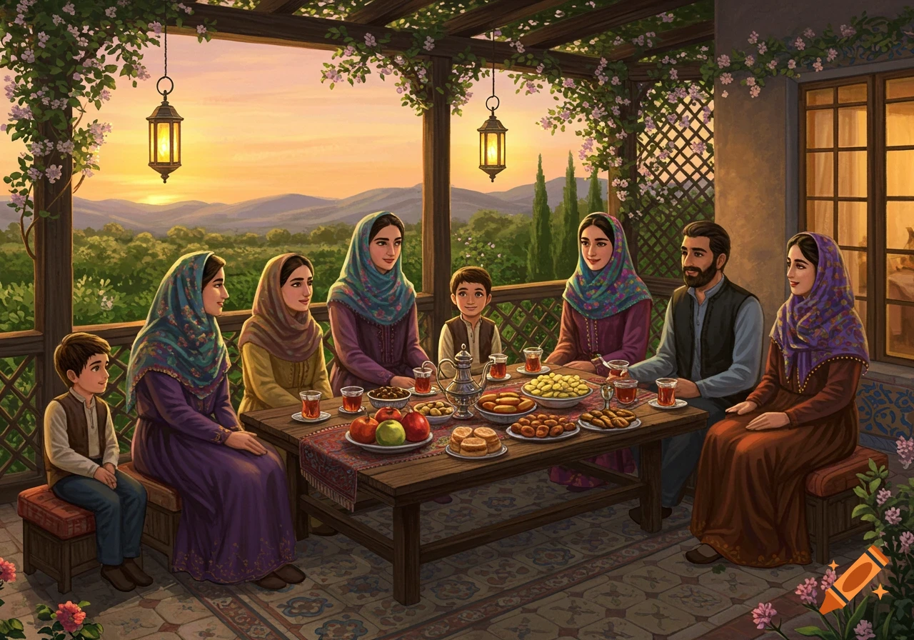 An illustration of an Iranian family and guests, dressed modestly, sitting around a table with food on an outdoor patio at sunset.