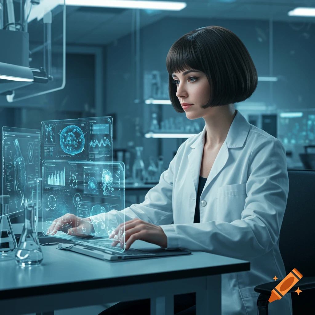 Photorealistic image of a woman scientist with a bob haircut working on futuristic holographic screens in a high-tech lab.