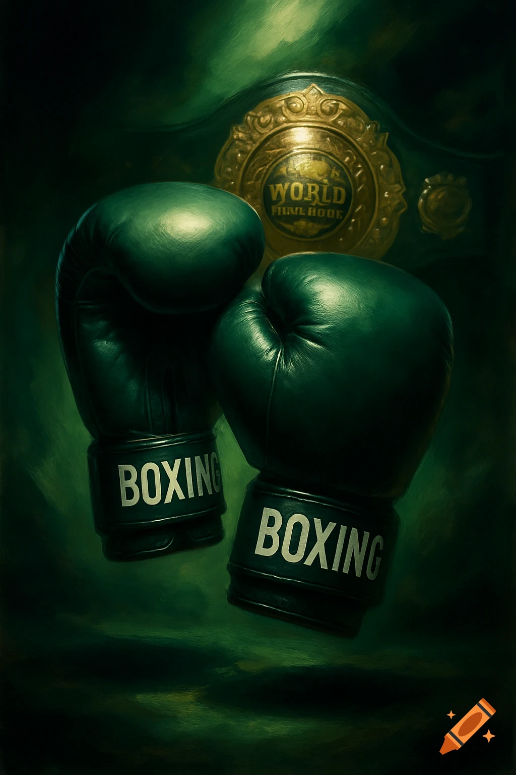 Two dark green boxing gloves with 'BOXING' on wrists and a golden championship belt behind, against a painterly green background.