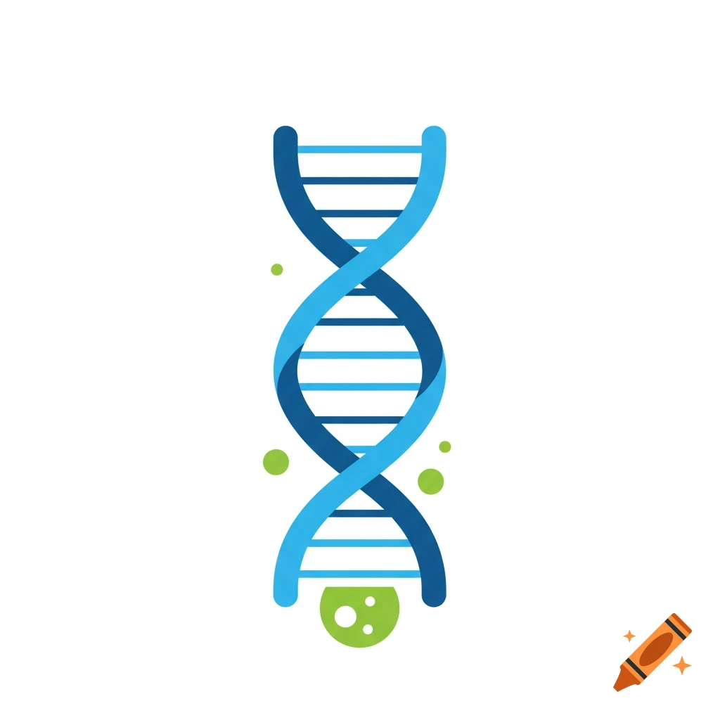 A blue and light blue DNA helix icon with a green blob at its base, on a white background.