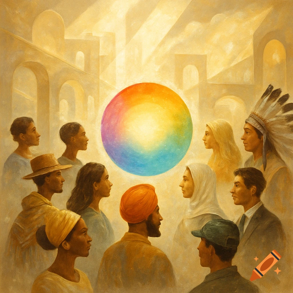 A painting of diverse people from various cultures gazing at a large, glowing, rainbow-colored sphere in a golden, architectural setting.