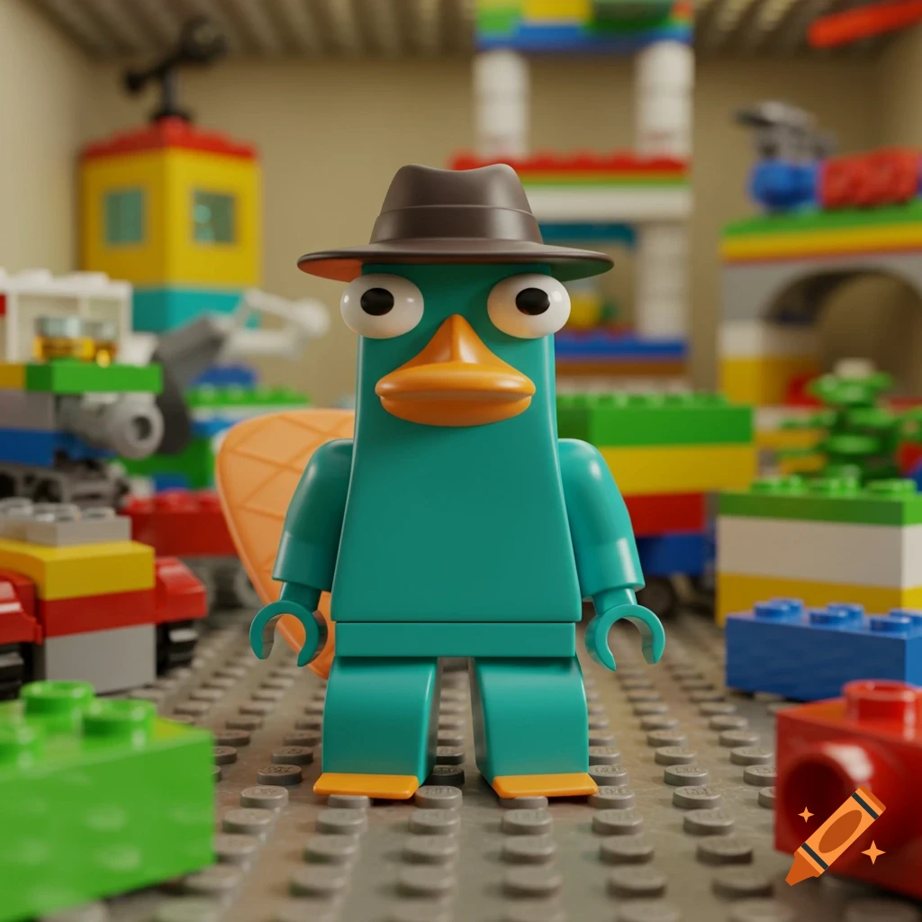A Lego minifigure of Perry the Platypus, wearing his fedora, stands on a Lego baseplate surrounded by colorful Lego bricks.