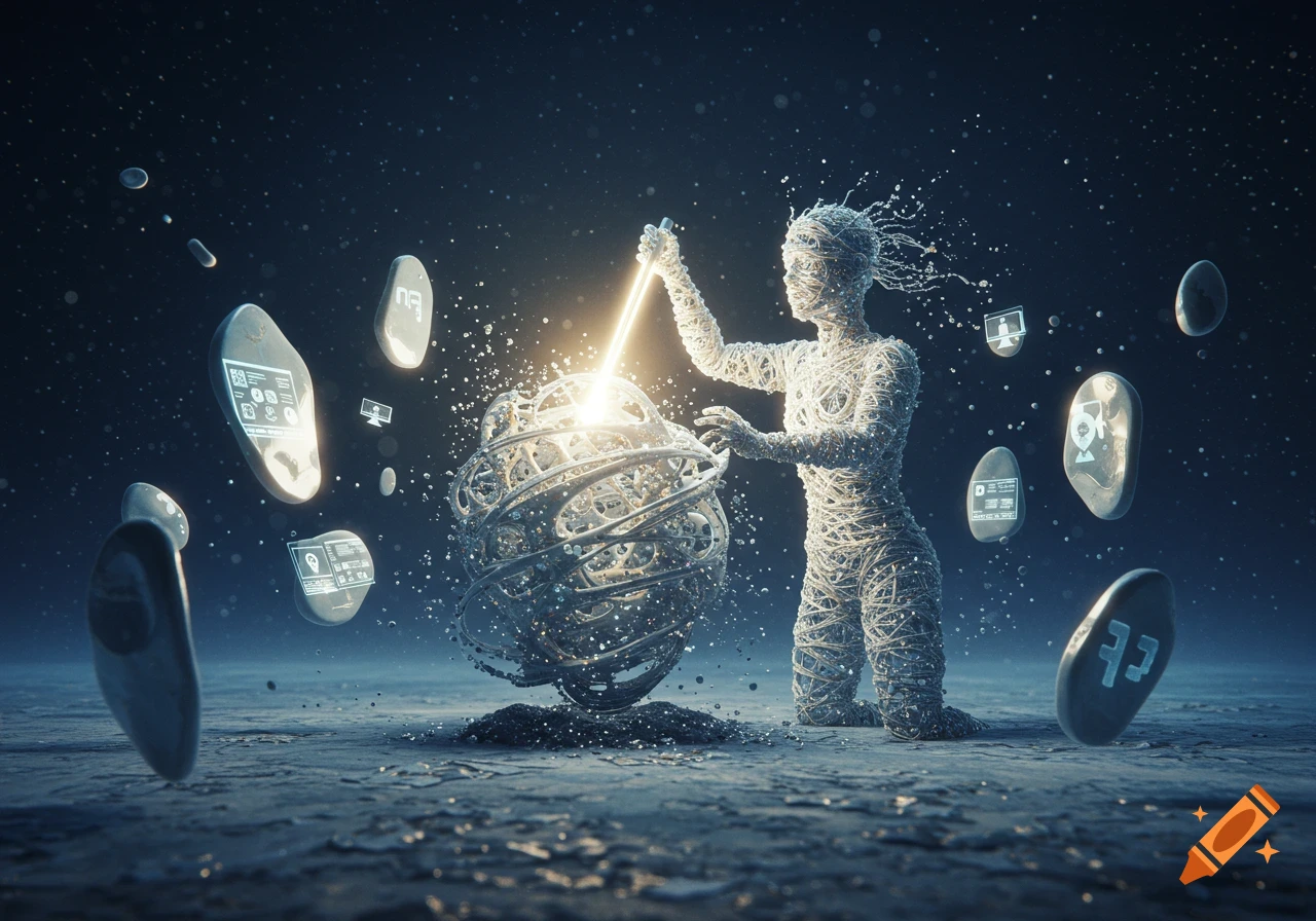 Ethereal humanoid made of light sculpts a glowing sphere with a laser beam, surrounded by floating digital screens in a surreal, dark space.