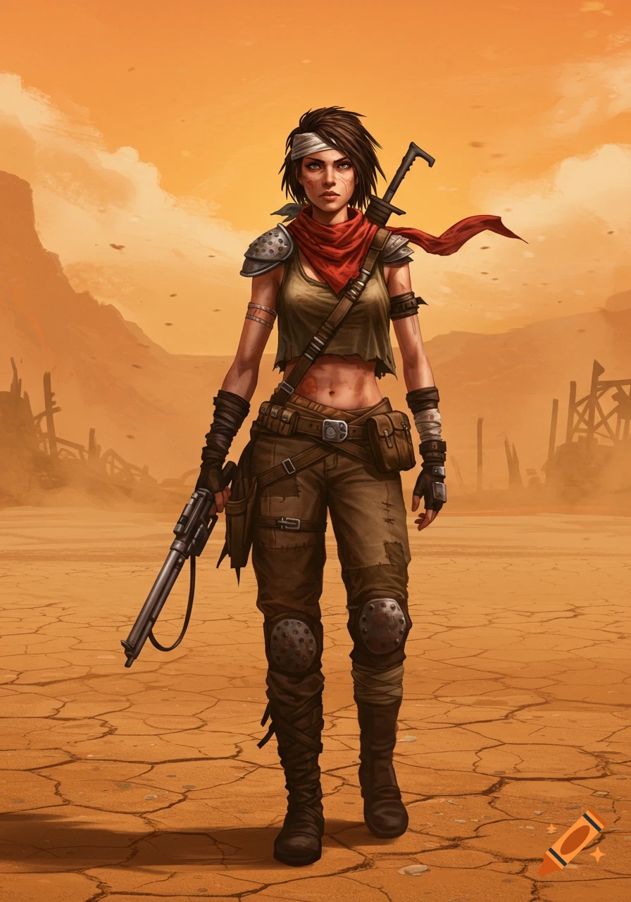 A female wasteland survivor with a shotgun and sword stands in a cracked desert landscape.