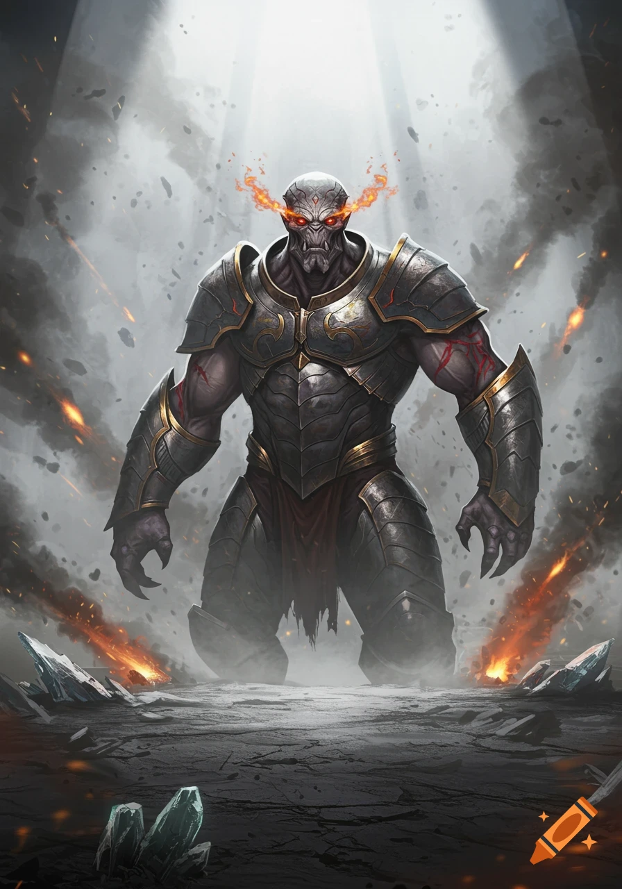 A large, grey-skinned, muscular monster in ornate dark armor with glowing red eyes and flames above its head, stands amidst smoke and debris.