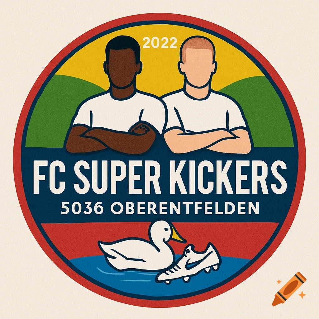 A round football club logo with two male players, a duck holding a Nike football boot, and text "FC SUPER KICKERS 5036 OBERENTFELDEN 2022".