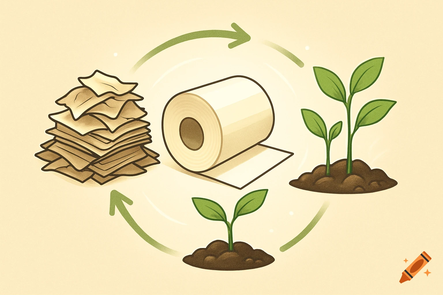 Cartoon illustration of a paper recycling cycle, showing a stack of waste paper, a roll of recycled paper, and two young plants growing.