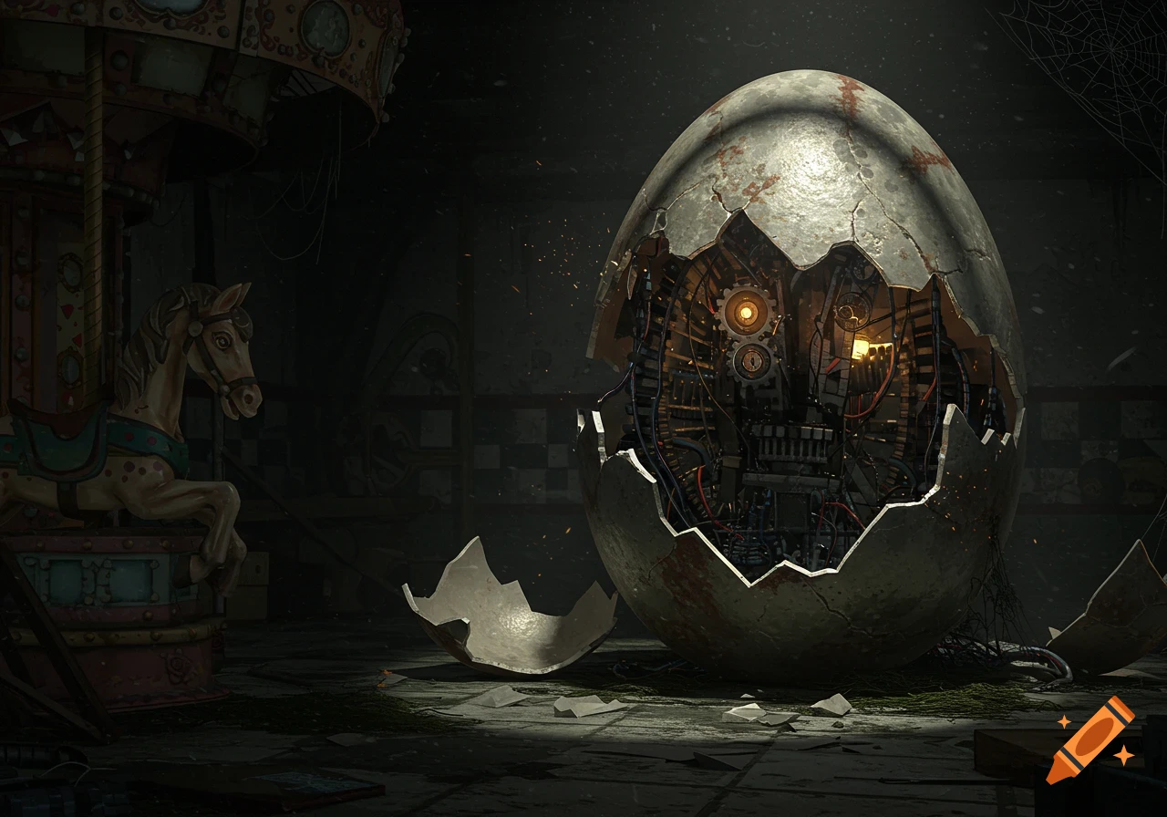 A large, cracked metallic egg with glowing gears and wires inside, sits in a dark, abandoned amusement park next to a carousel horse.