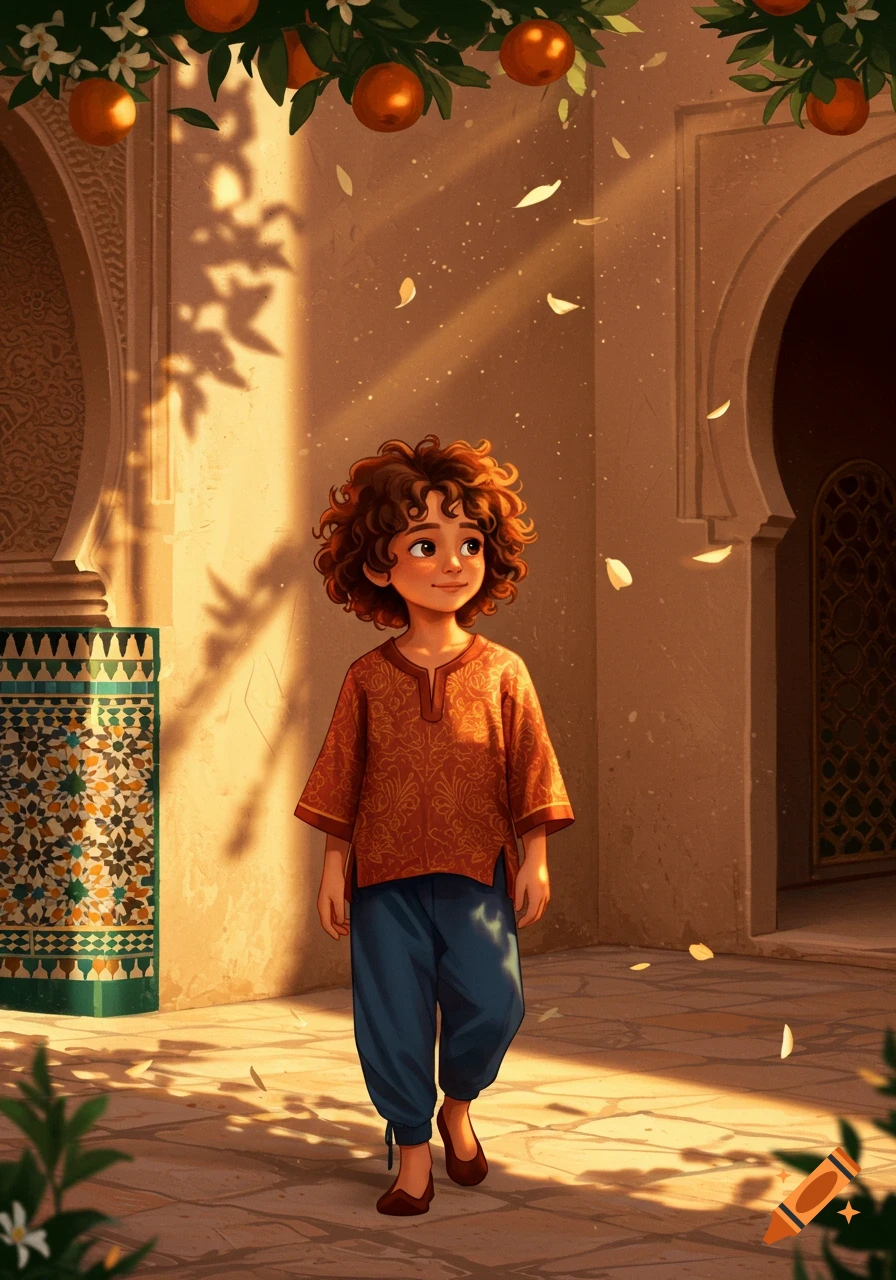 A young boy with curly hair in a sunlit Moroccan courtyard with orange trees and decorative tiles.
