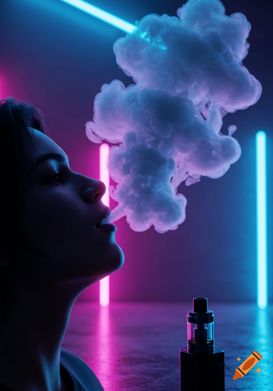 Person vaping, exhaling a large cloud of vapor under blue and pink neon lights.