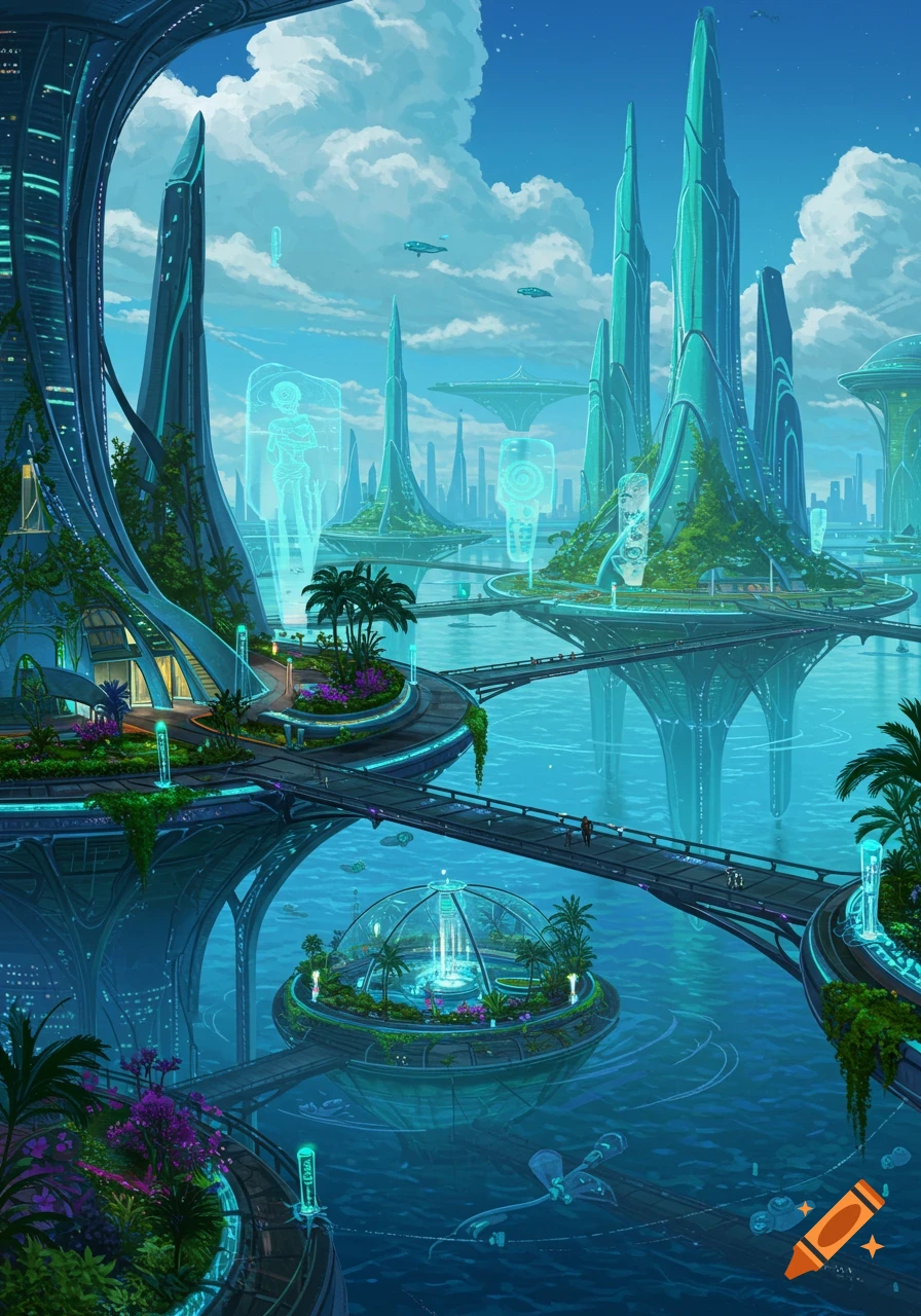 Vibrant, utopian futuristic city with sleek, teal buildings, bridges, and green spaces over blue water, under a partly cloudy sky.