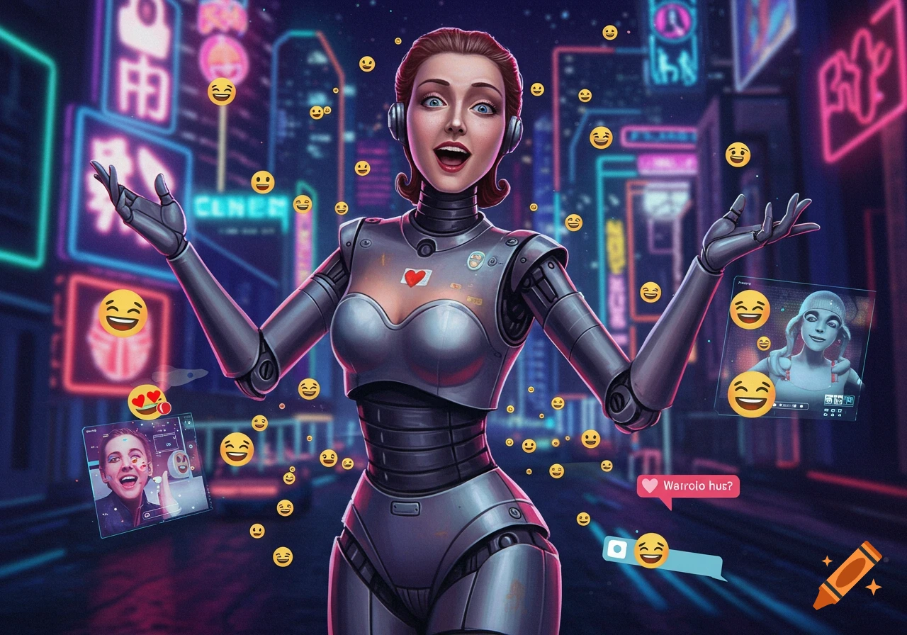 Female robot in a neon-lit futuristic city, surrounded by floating emojis and social media screens.