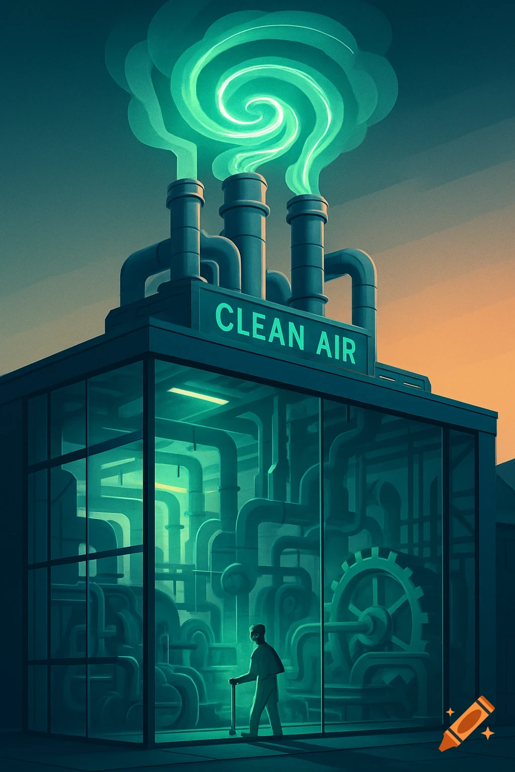 A stylized factory building with a "CLEAN AIR" sign, emitting green swirling smoke from chimneys, with a lone figure inside.