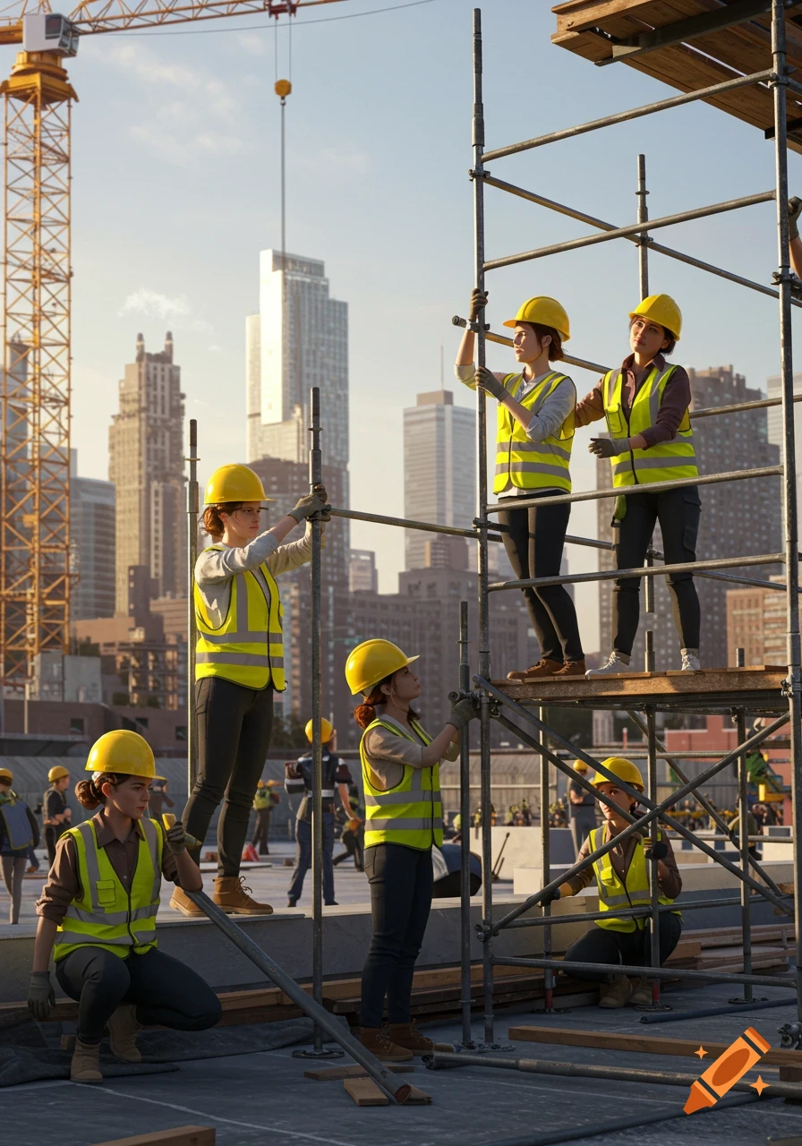 Photorealistic image of several women in hard hats and safety vests assembling scaffolding at a city construction site with a crane.