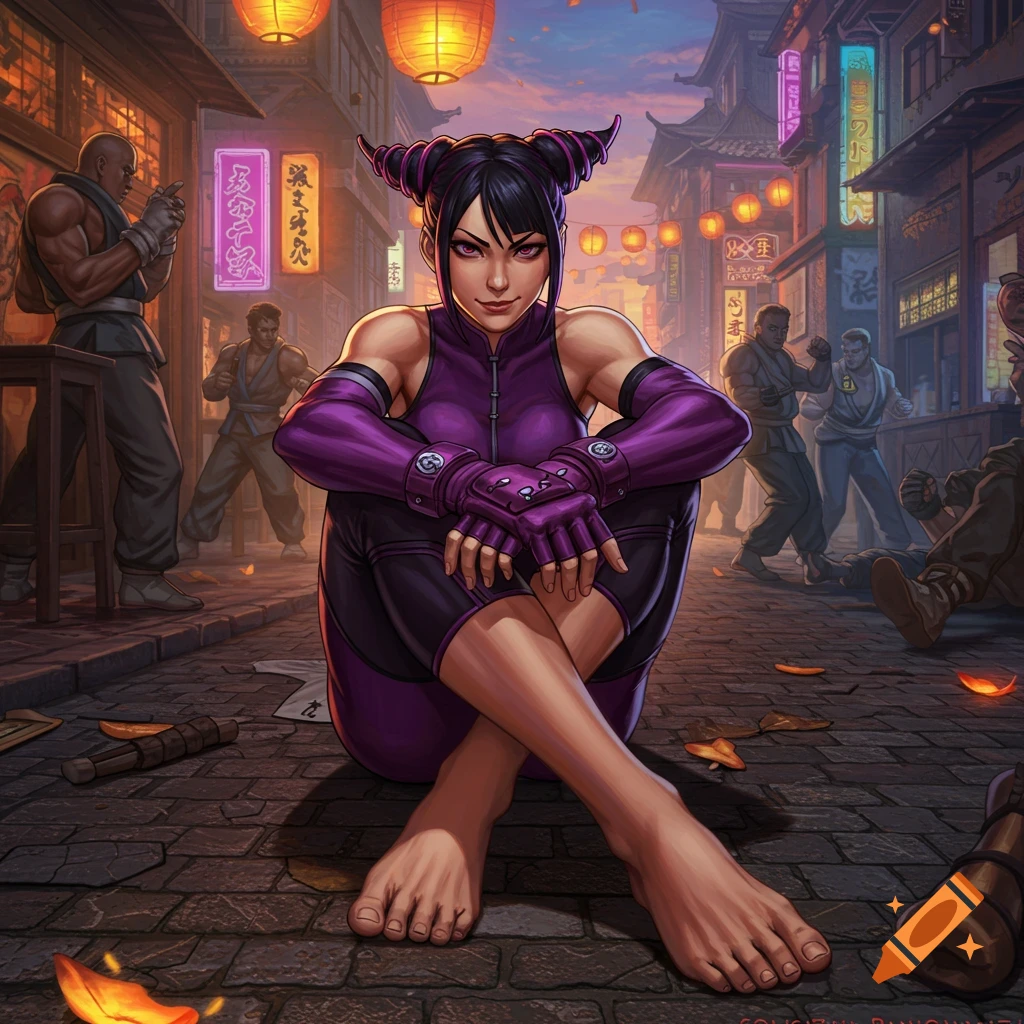 Street Fighter's Juri sits barefoot on a cobblestone street, surrounded by neon signs and martial artists in an anime-style illustration.