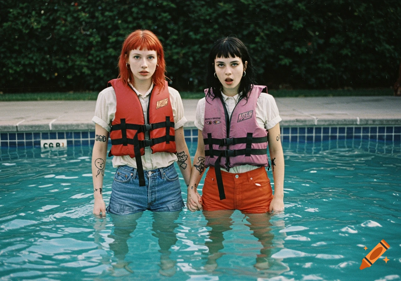 Two young women in life jackets and shorts stand in a pool, holding hands and looking at the camera.