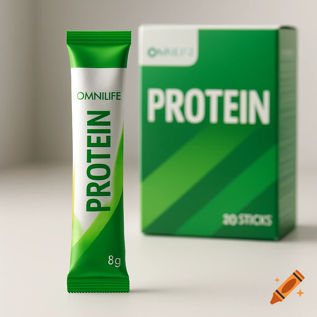 A green and white OMNILIFE PROTEIN 8g stick stands in front of a blurred green OMNILIFE PROTEIN 20 STICKS box.