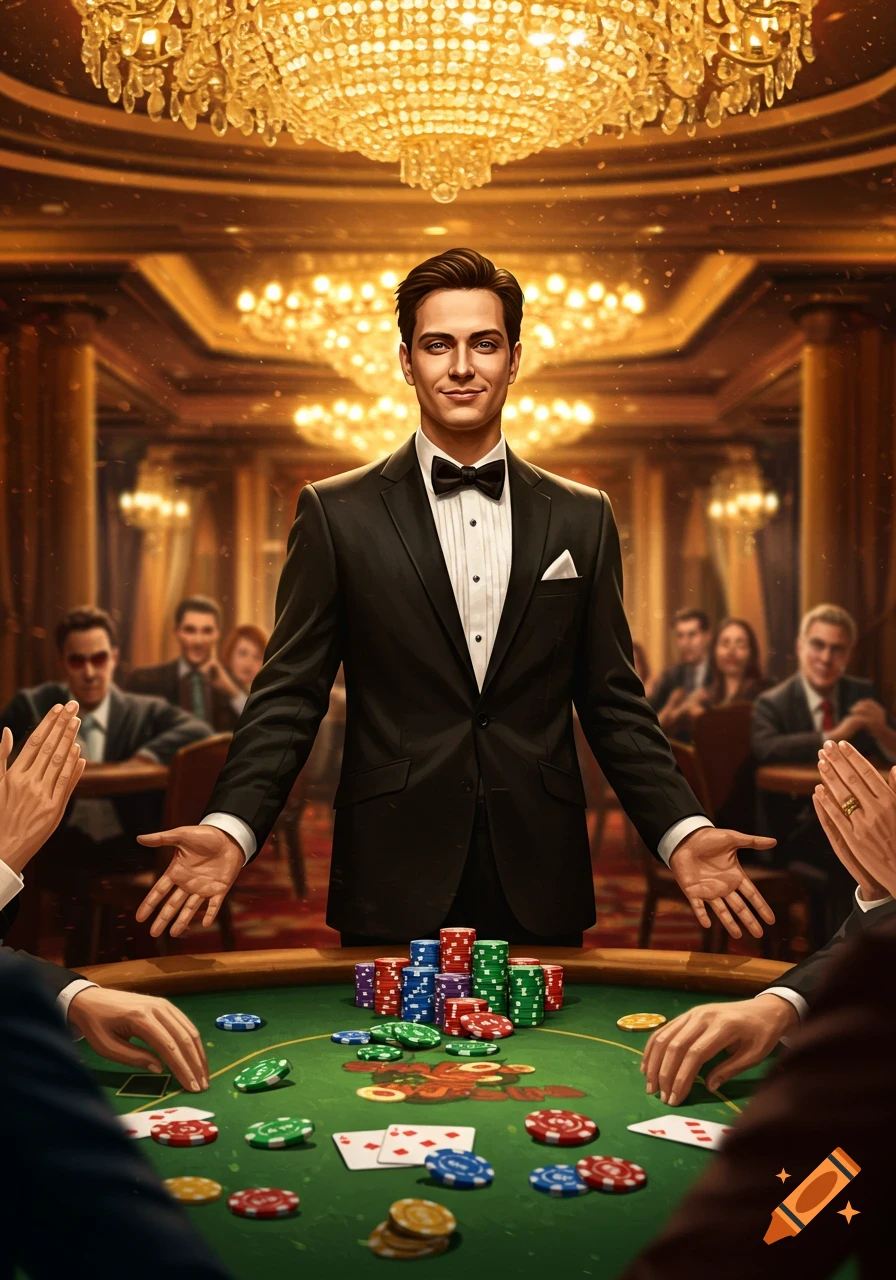 A man in a black tuxedo stands behind a green poker table with chips and cards, surrounded by other players in a luxurious casino with golden chandeliers.
