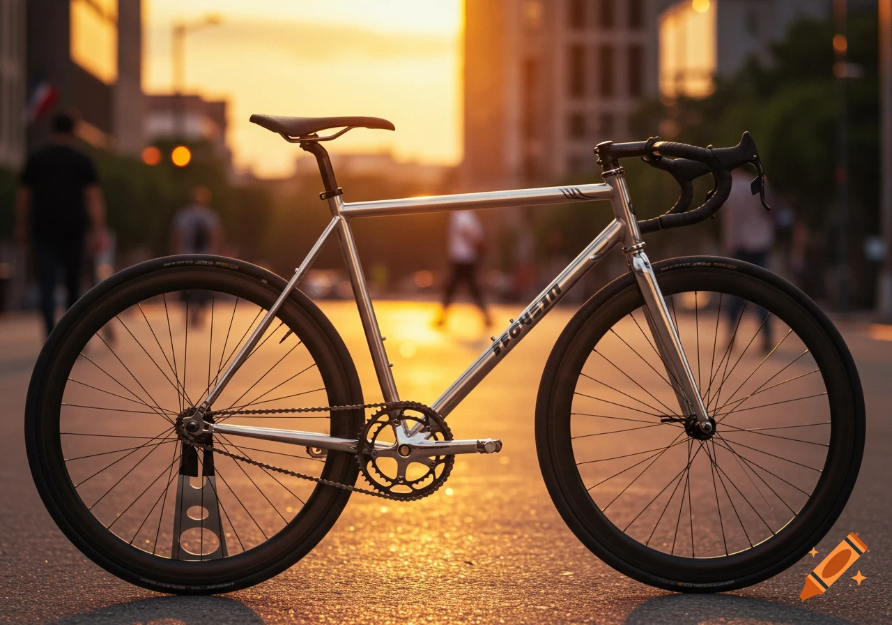 A silver bicycle with drop handlebars is parked on a sunlit street during sunset, with blurred city buildings and people in the background.
