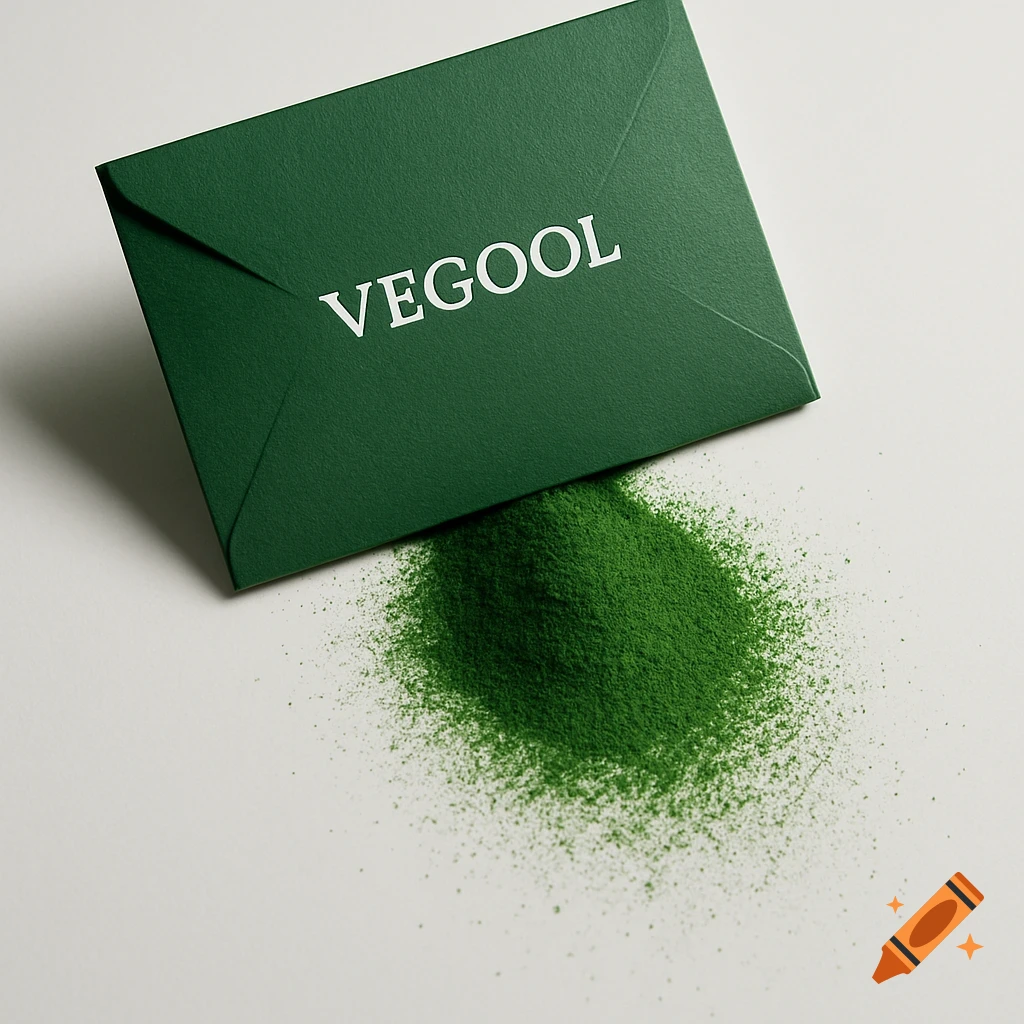 A dark green envelope with 'VEGOOL' in white, spilling green powder onto a white surface in a product shot.