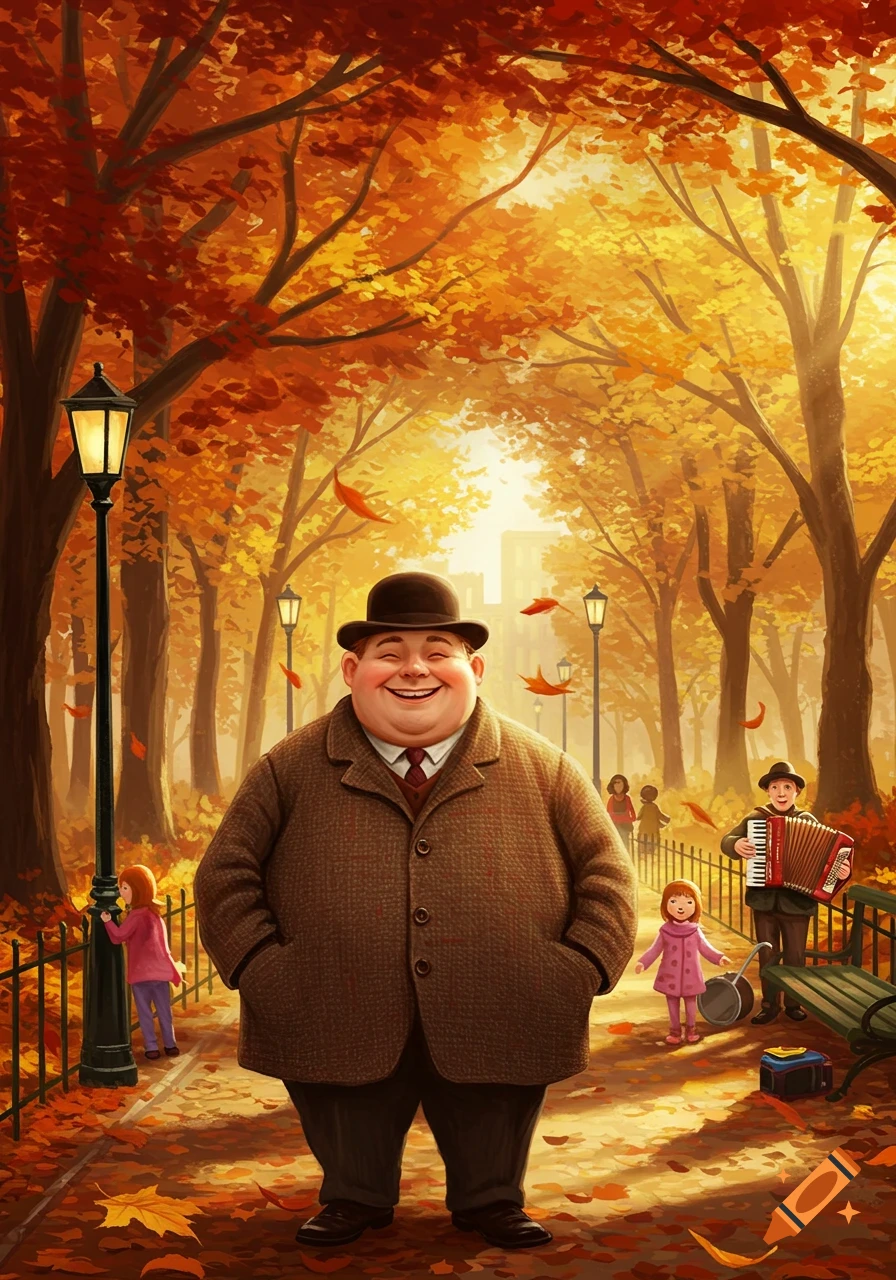 Smiling, portly man in a bowler hat and tweed jacket in a vibrant autumn park with golden trees and children. Illustrated.