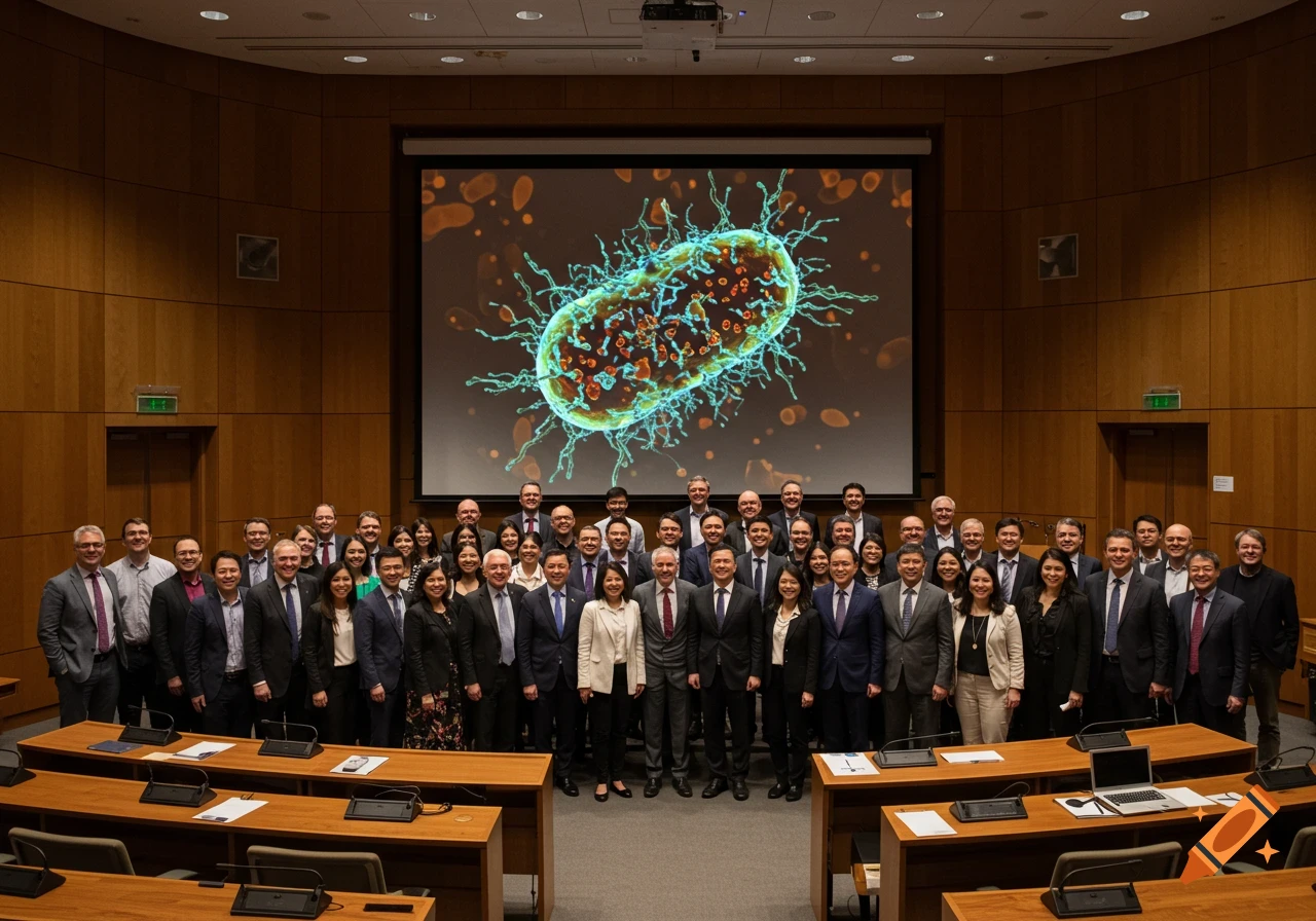 Group of professionals smiling in a seminar room with a large screen showing a bacterial cell.