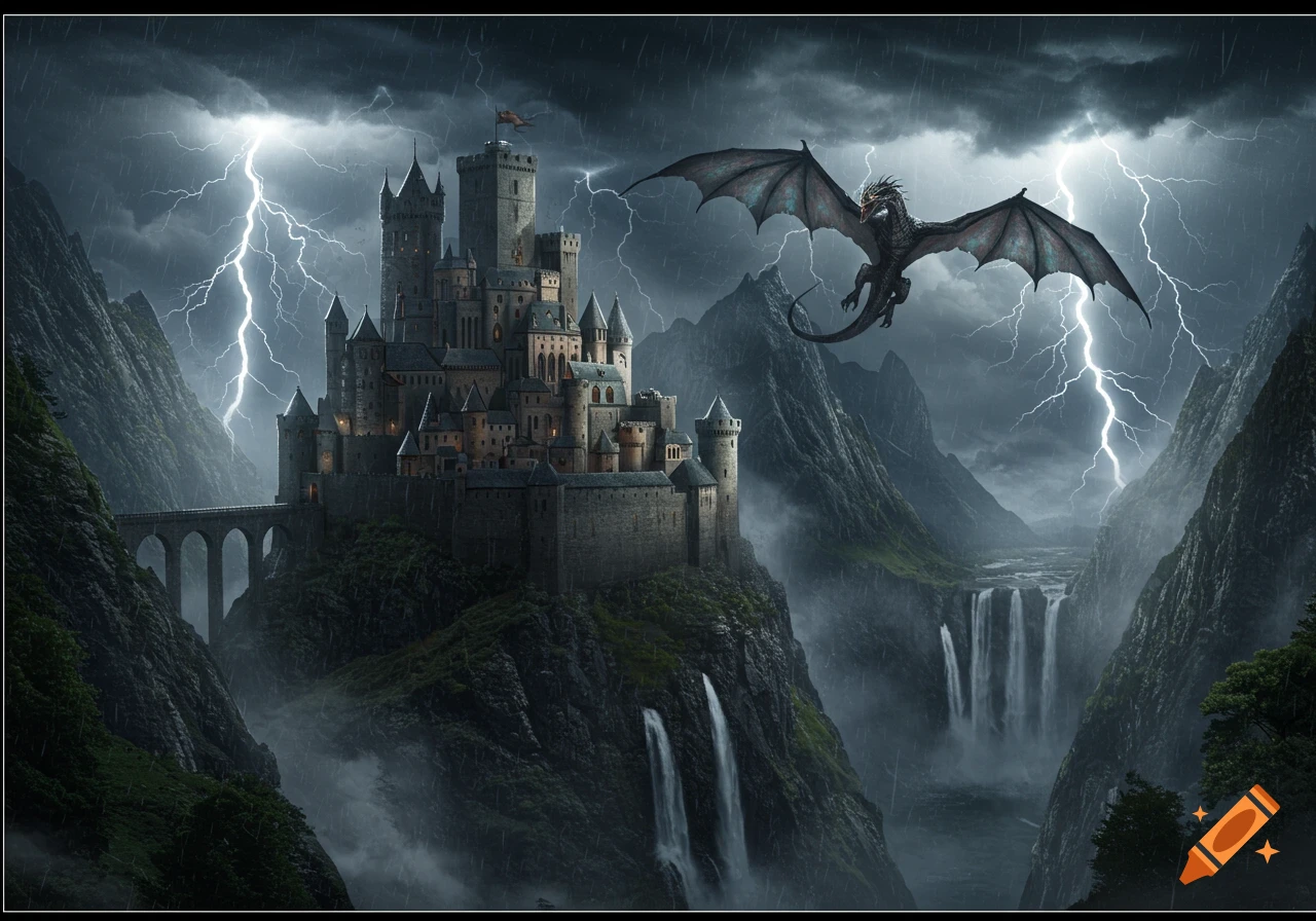 A majestic medieval castle on a cliffside with a flying dragon above, surrounded by mountains, waterfalls, and lightning during a storm.