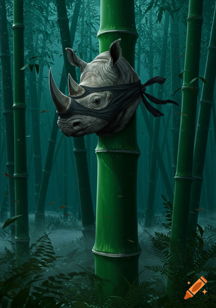 A realistic rhino head wearing a black ninja mask is perched atop a thick green bamboo stalk in a misty bamboo forest.