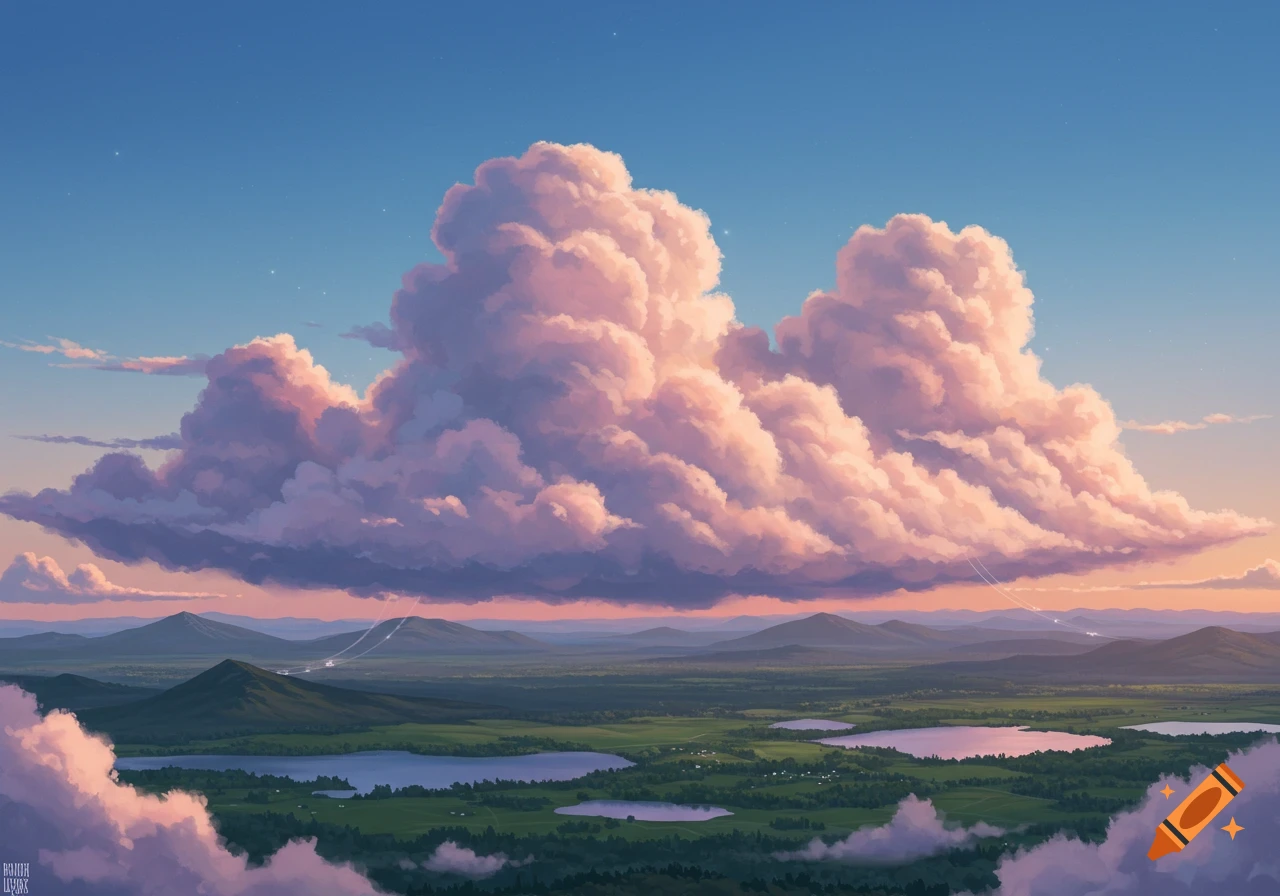An artistic painting shows voluminous pink and purple clouds dominating a serene landscape with green hills, forests, and lakes.