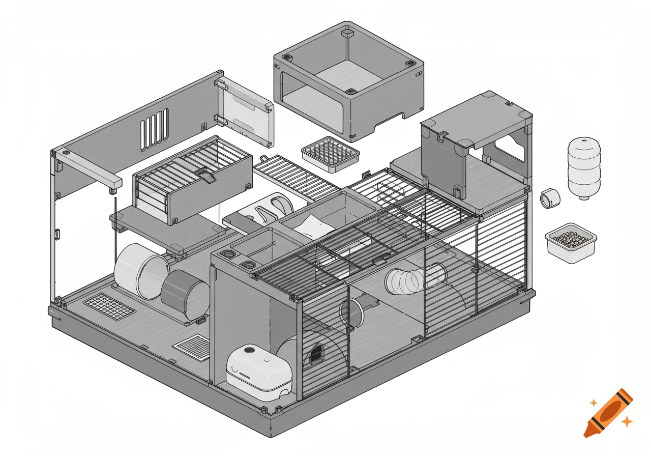Isometric technical drawing showing the disassembled components of a rectangular hamster cage.