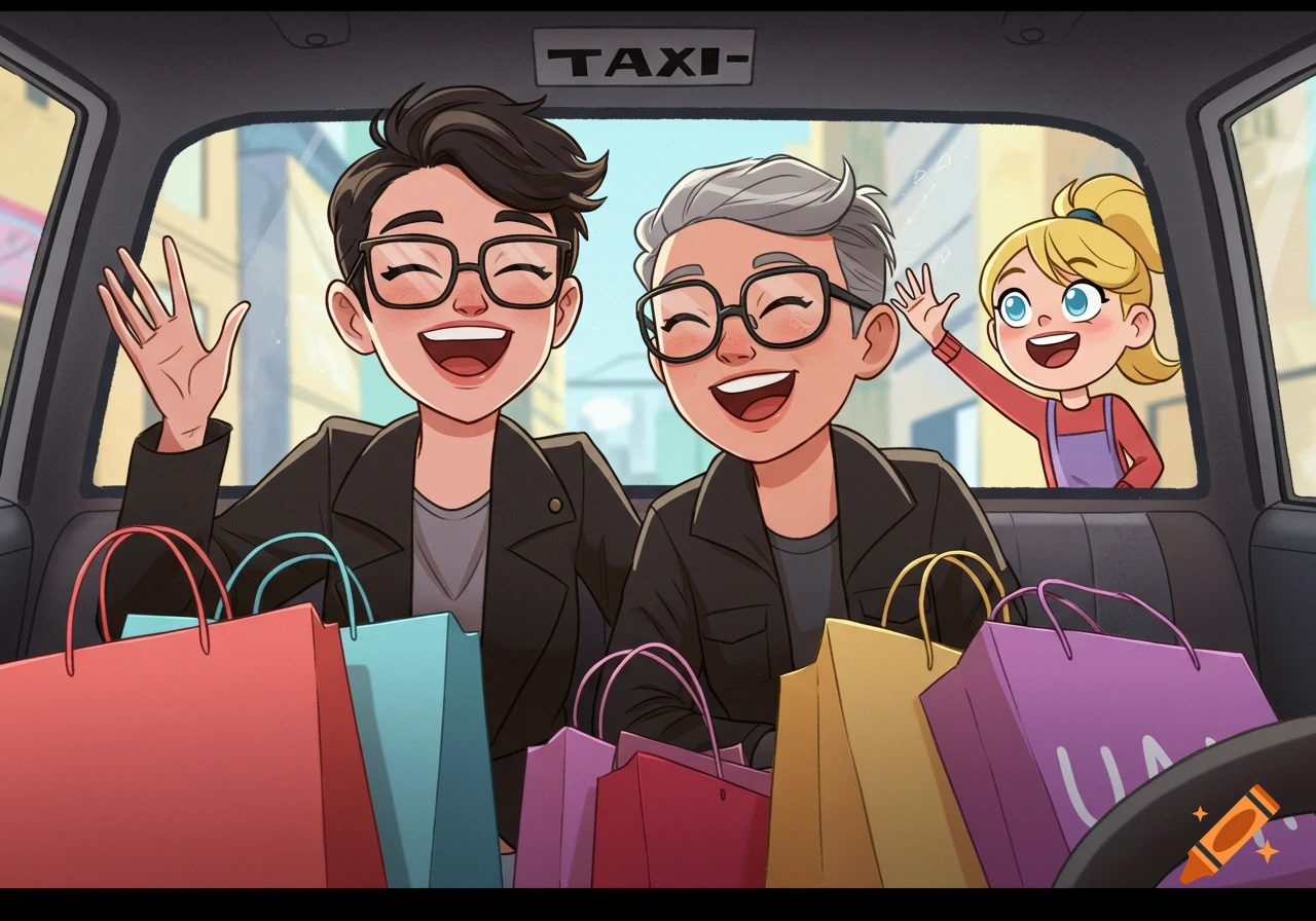Two smiling women in a taxi with shopping bags, waving. A blonde child waves from outside the window in a colorful cartoon style.