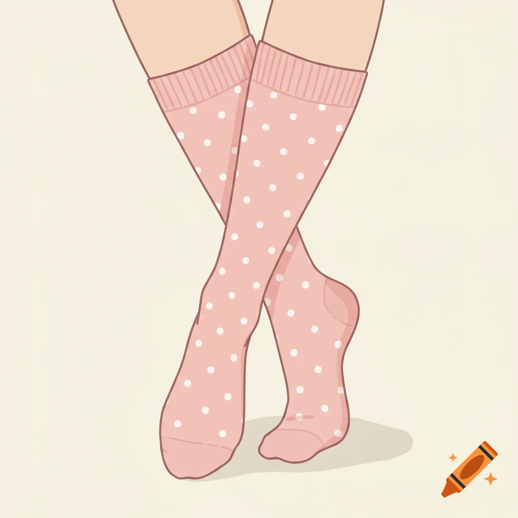 Minimalist illustration of crossed legs wearing pink polka dot knee-high socks.
