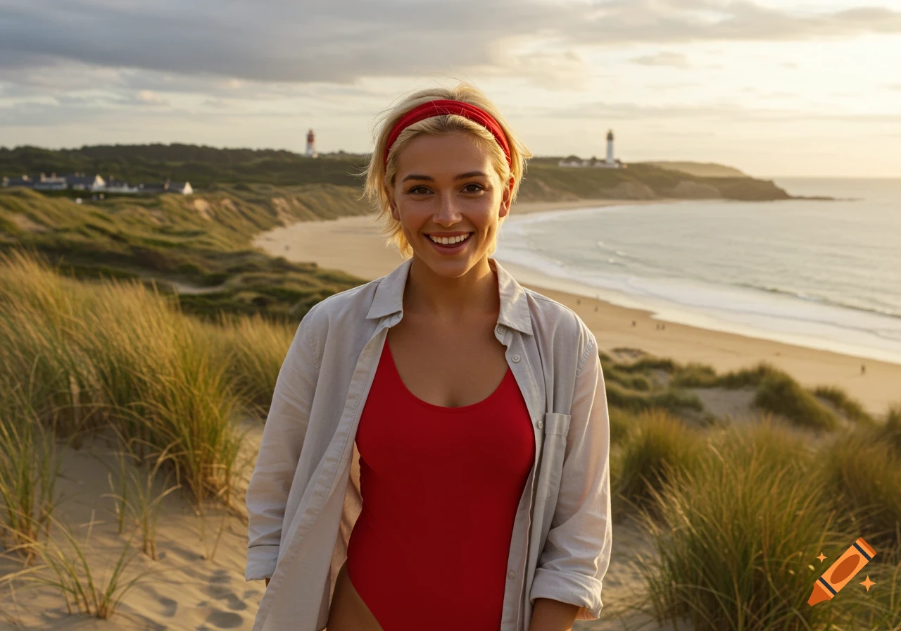 Smiling young woman with blonde hair and red headband on a sandy dune with tall grass, overlooking a beach and lighthouses at sunset, photorealistic.