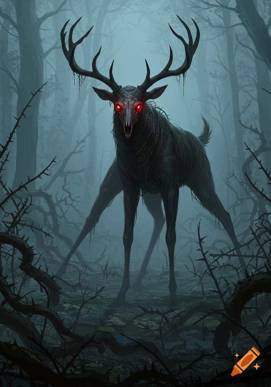 A skeletal, monstrous deer with glowing red eyes stands in a dark, thorny, foggy forest.