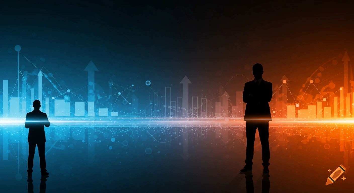 Two silhouetted business figures stand before a split blue and orange abstract background featuring digital data graphs and arrows.