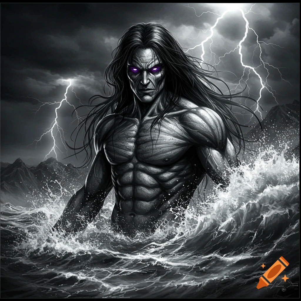 Muscular sea demon with long hair and glowing purple eyes emerging from stormy waters under a lightning-filled sky. Black and white illustration.