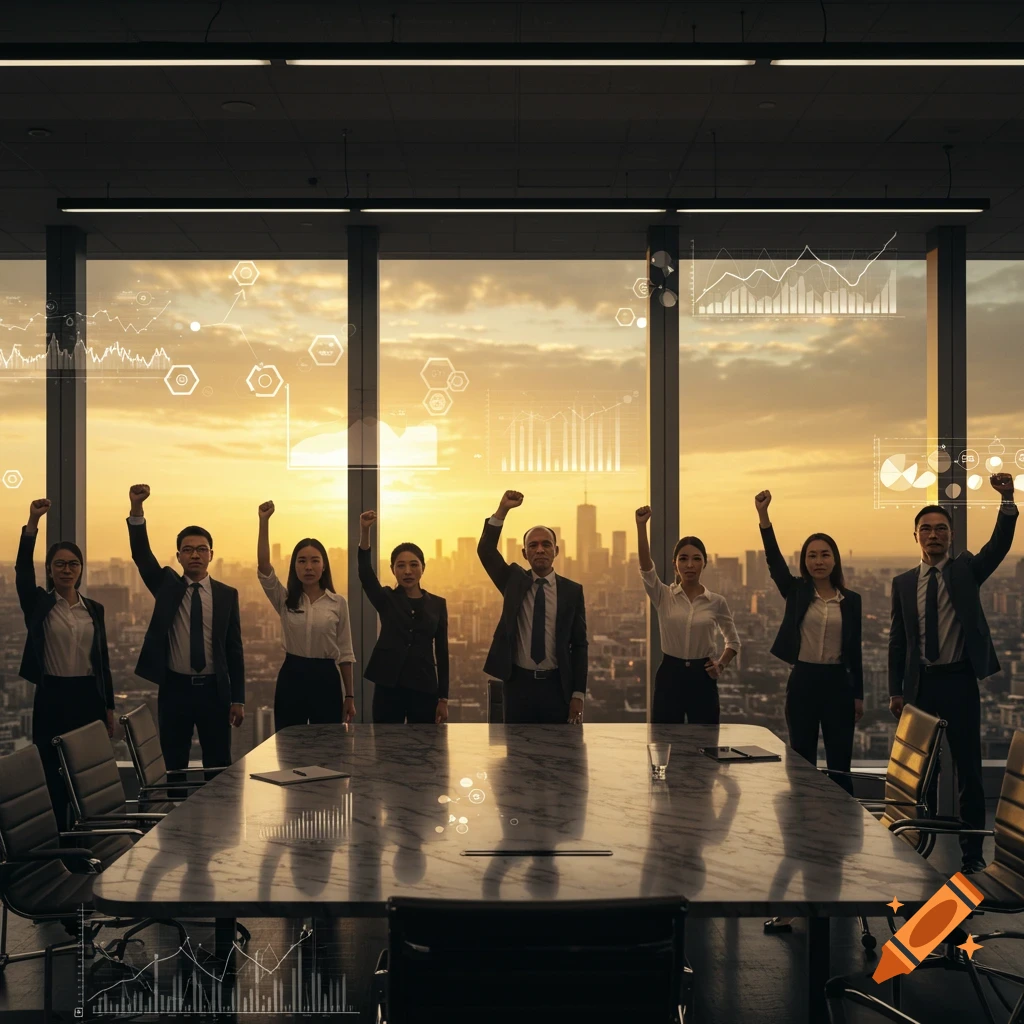An executive team stands in a modern meeting room with fists raised against a cityscape sunset, overlaid with digital charts.