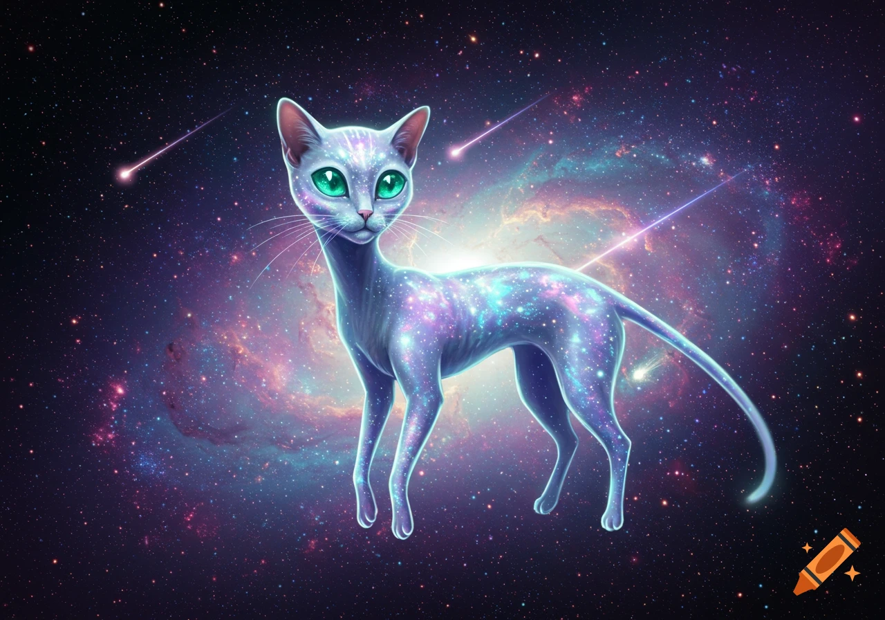 A glowing, light purple cat with bright green eyes and a galaxy pattern on its fur floats amidst stars and nebulae in deep space.