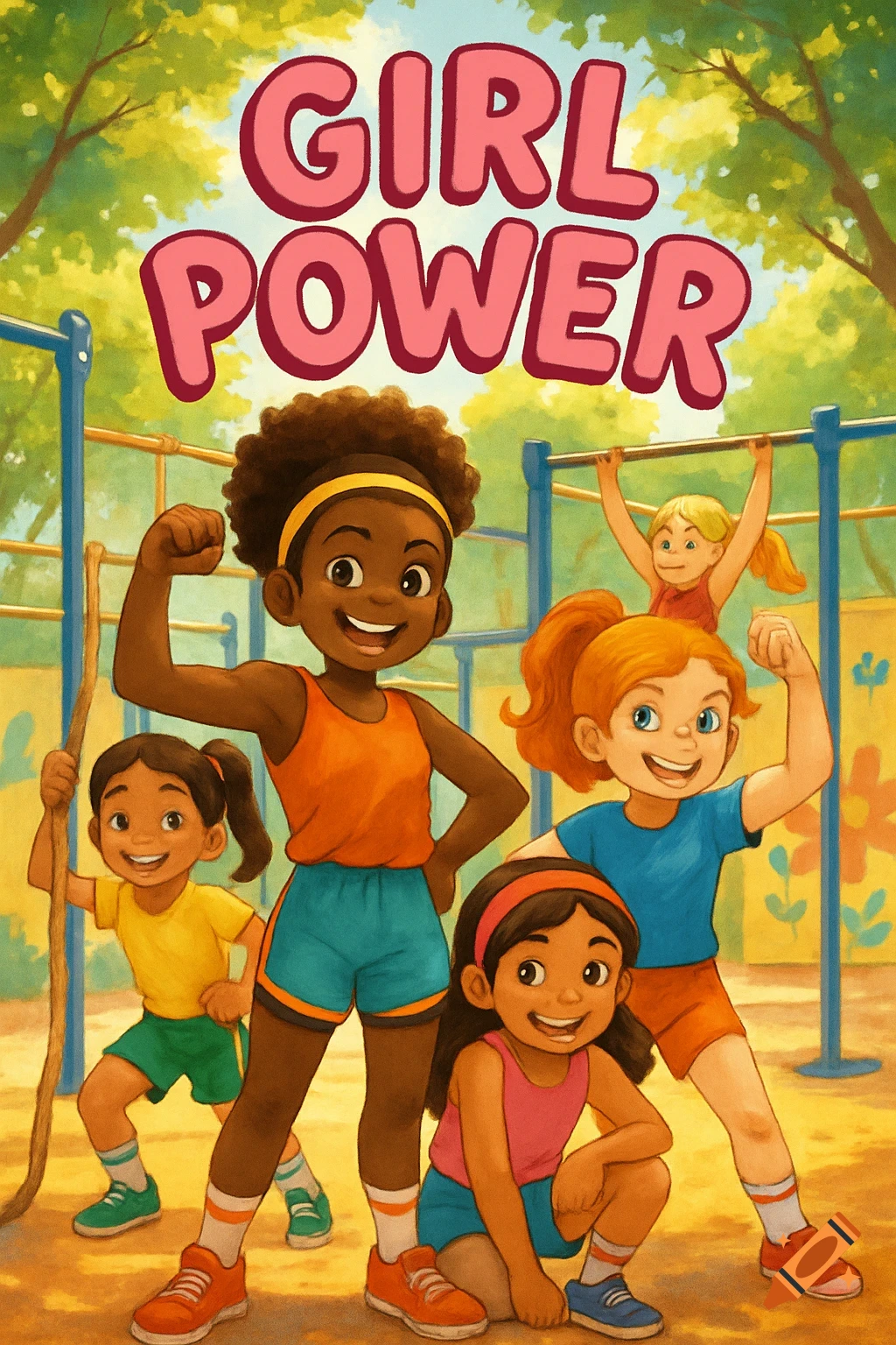 A cartoon illustration of five diverse girls in a park, with 'GIRL POWER' text. One girl flexes her arm, another hangs on monkey bars.