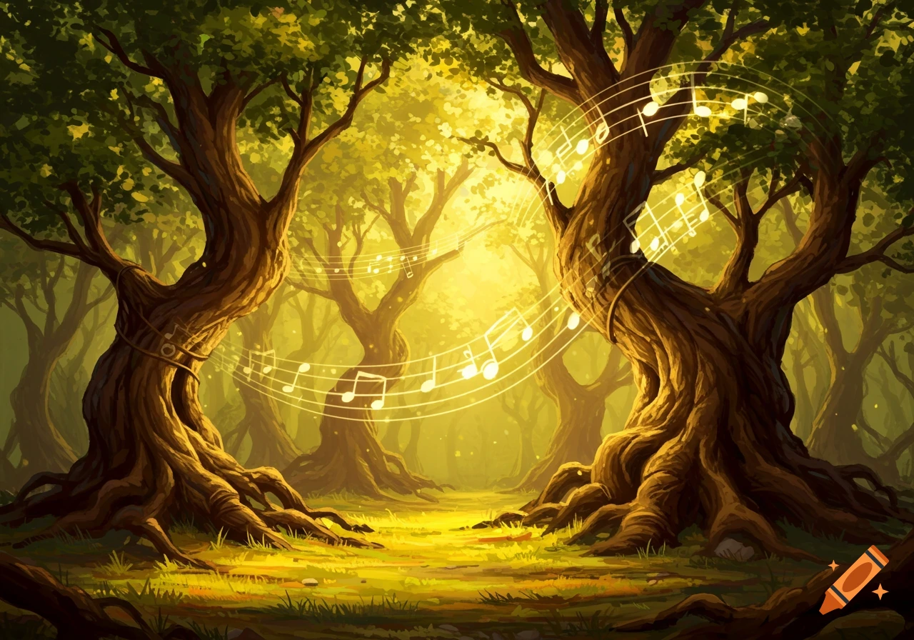 A magical forest scene with sunlight filtering through lush green trees and glowing musical notes floating around the tree trunks.