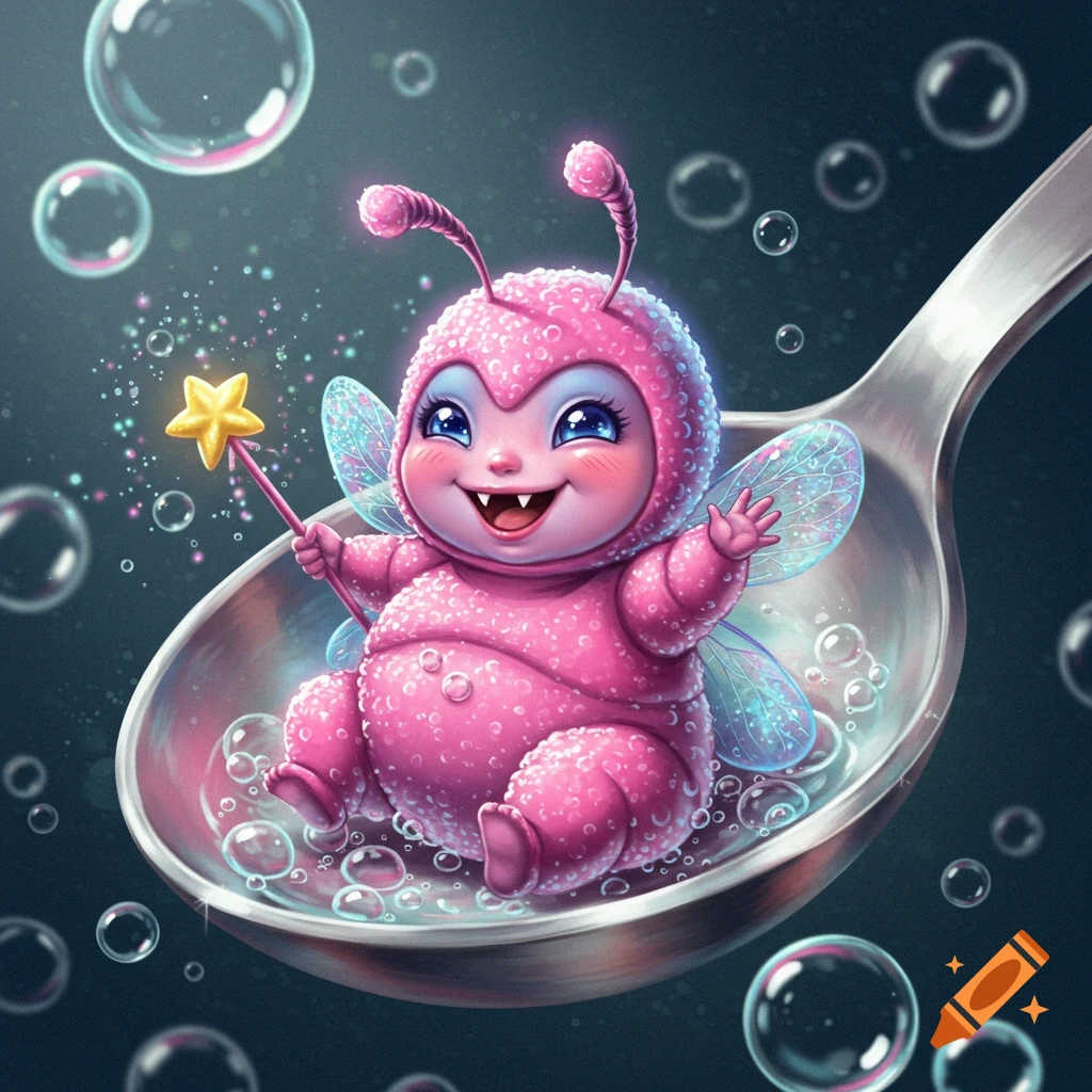 A cute, pink insect-like fairy baby with wings and antennae sits in a spoon with bubbles, holding a star wand.